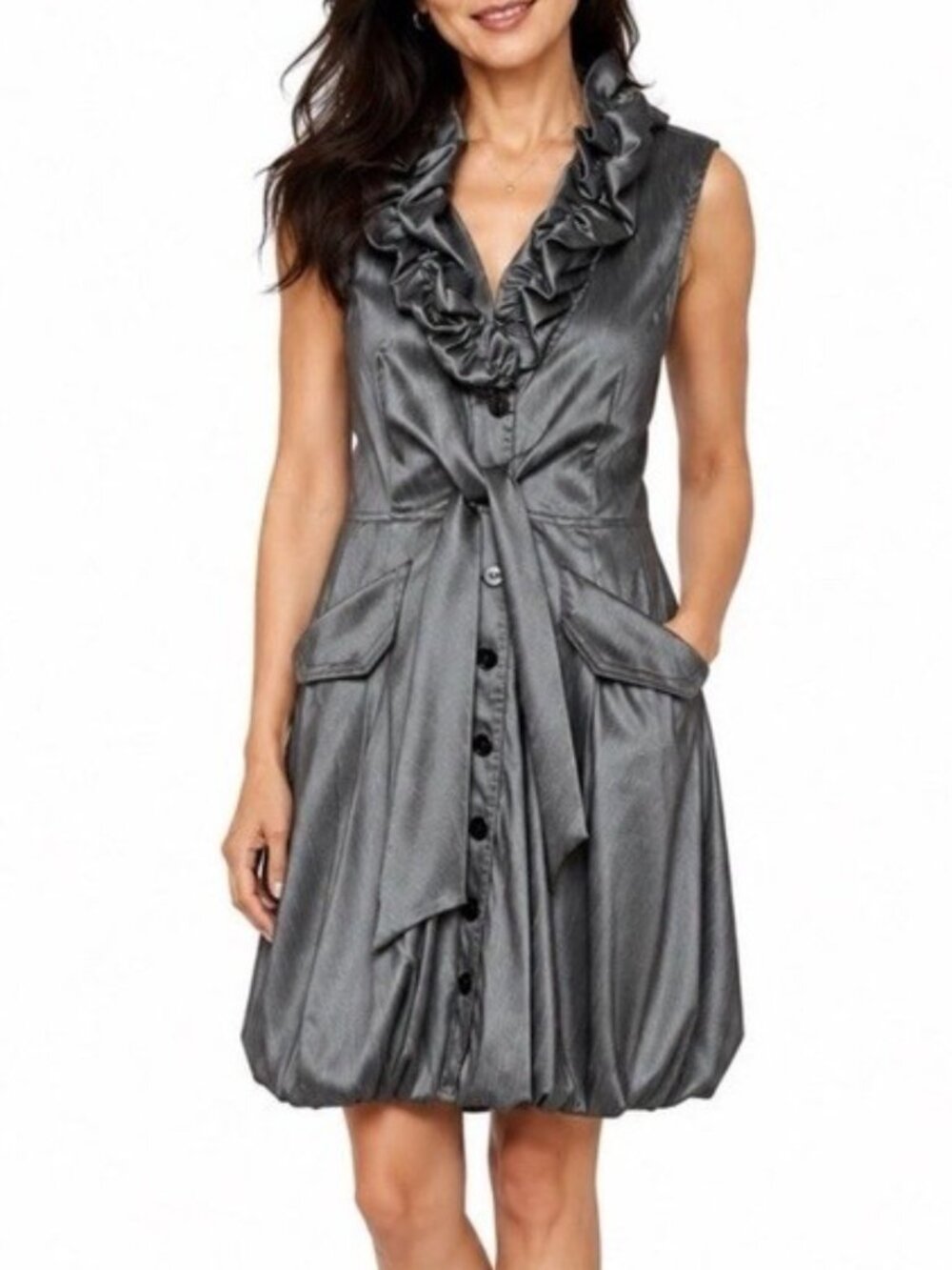 Samuel Dong silver gray sleeveless dupioni bubble hem sash tie dress L ruffle
